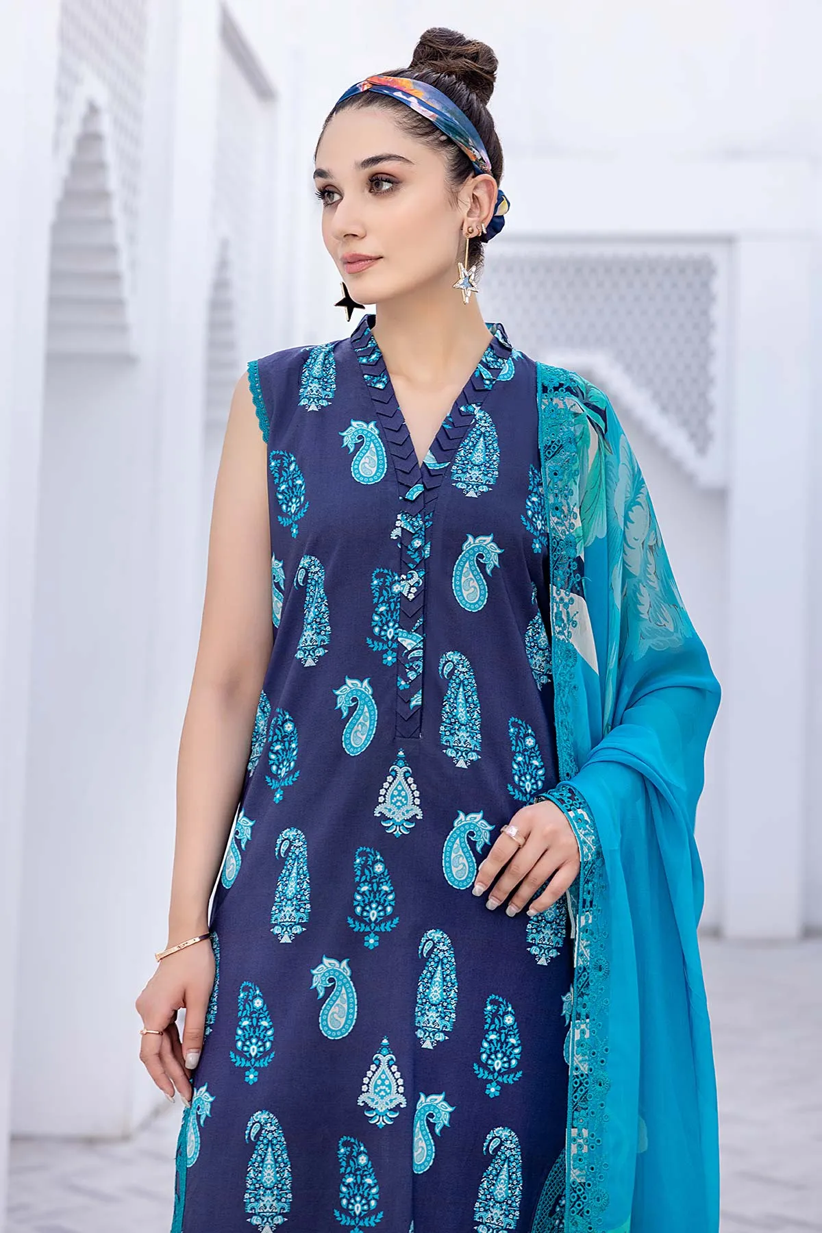 3-Pc Unstitched Printed Embroidered Lawn Suit With Embroidered Chiffon Dupatta CRB23-13