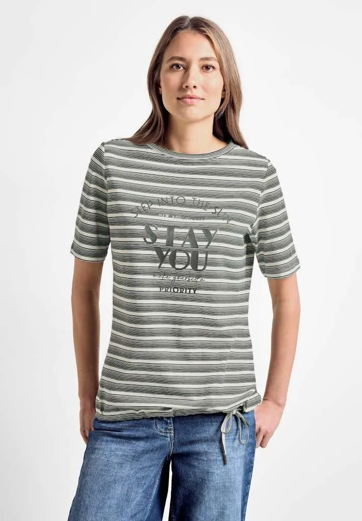 321138 Fine Stripe T-Shirt with Wording Print in Khaki by Cecil