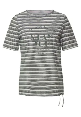 321138 Fine Stripe T-Shirt with Wording Print in Khaki by Cecil