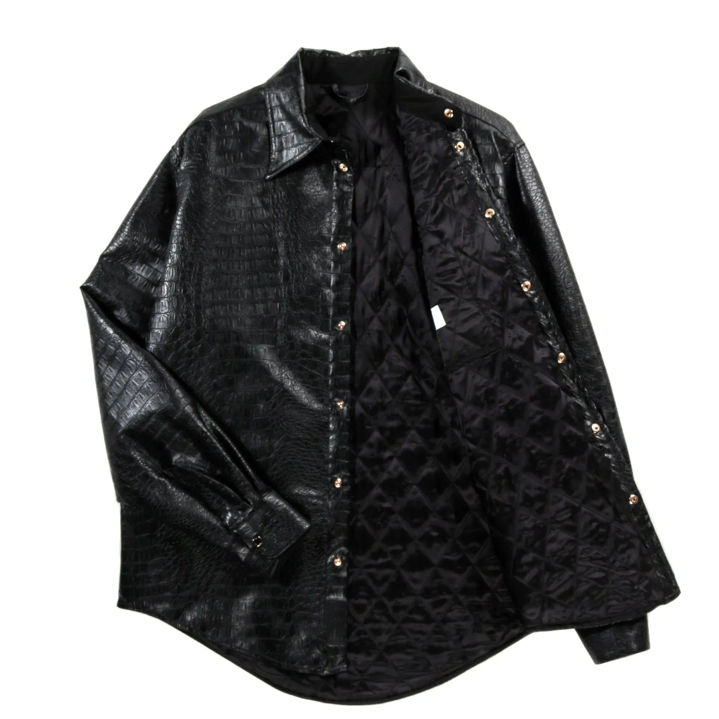 4SDesigns Black Quilted Shirt Jacket in Croc Leatherette Jersey