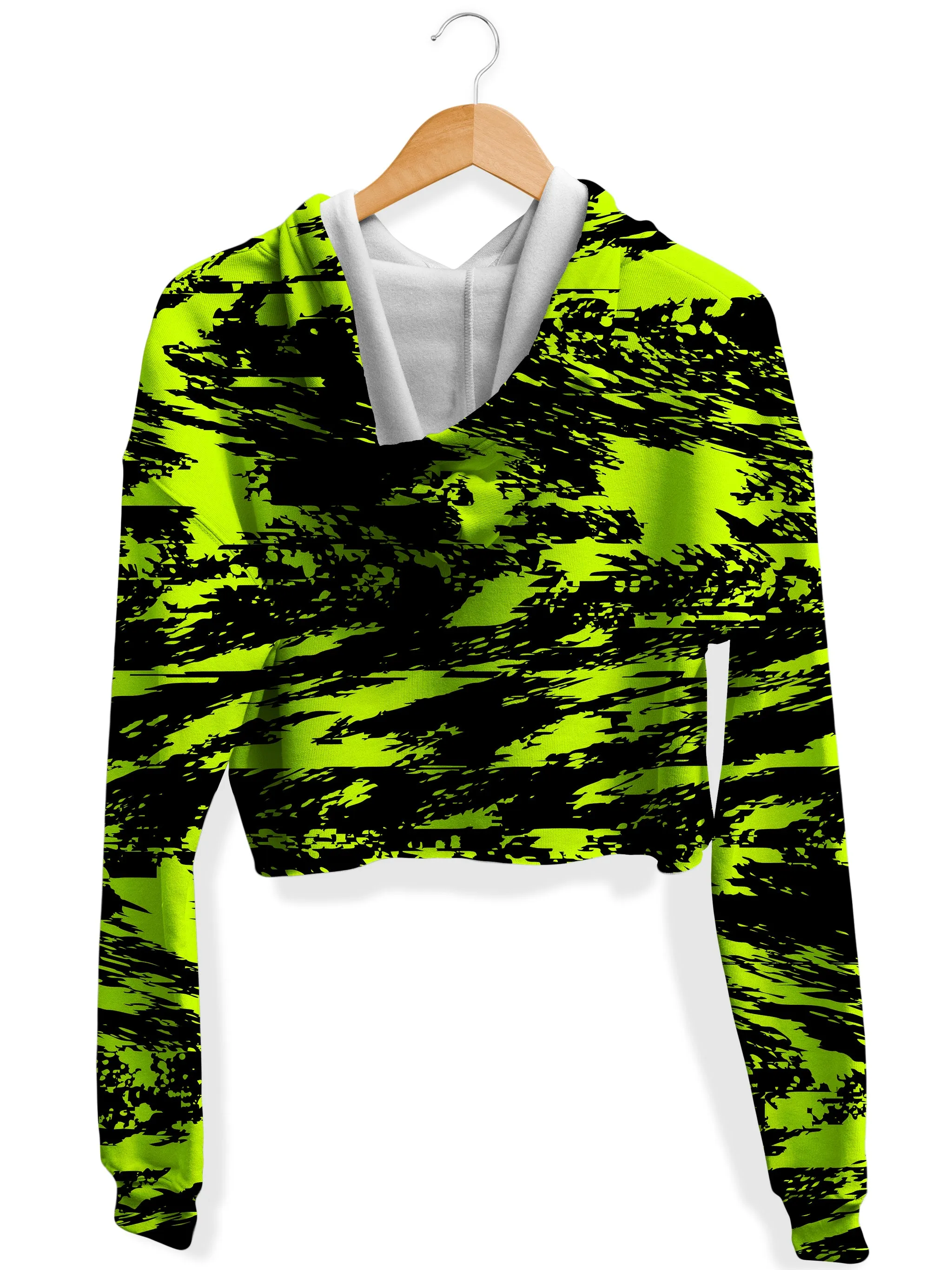 Crop Hoodie Black Lime Bolt Glitch Fleece.