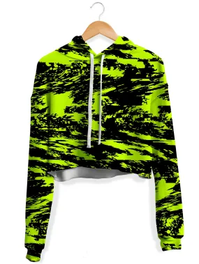 Crop Hoodie Black Lime Bolt Glitch Fleece.