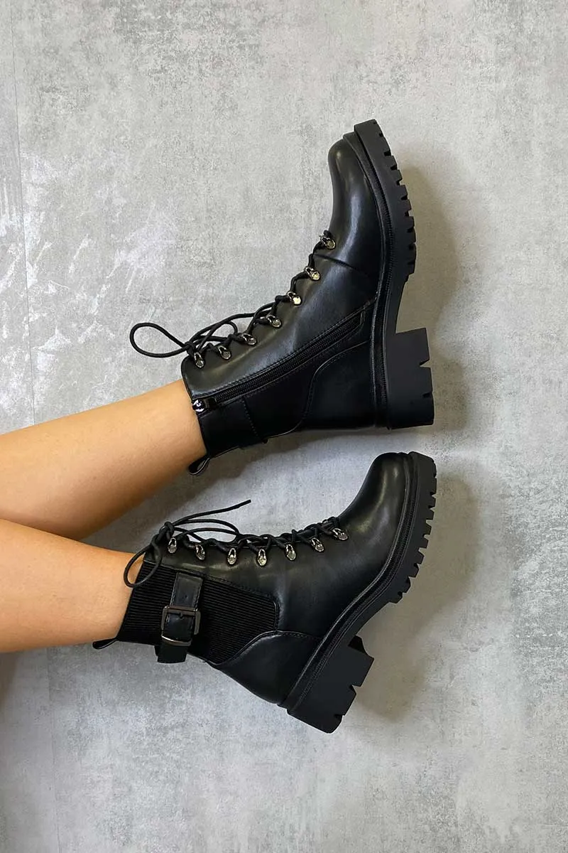 Delsie Black Ribbed Panel Lace Up Biker Boots