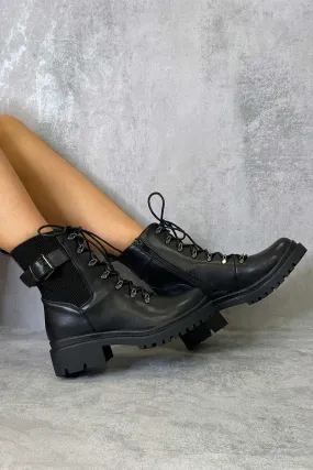 Delsie Black Ribbed Panel Lace Up Biker Boots