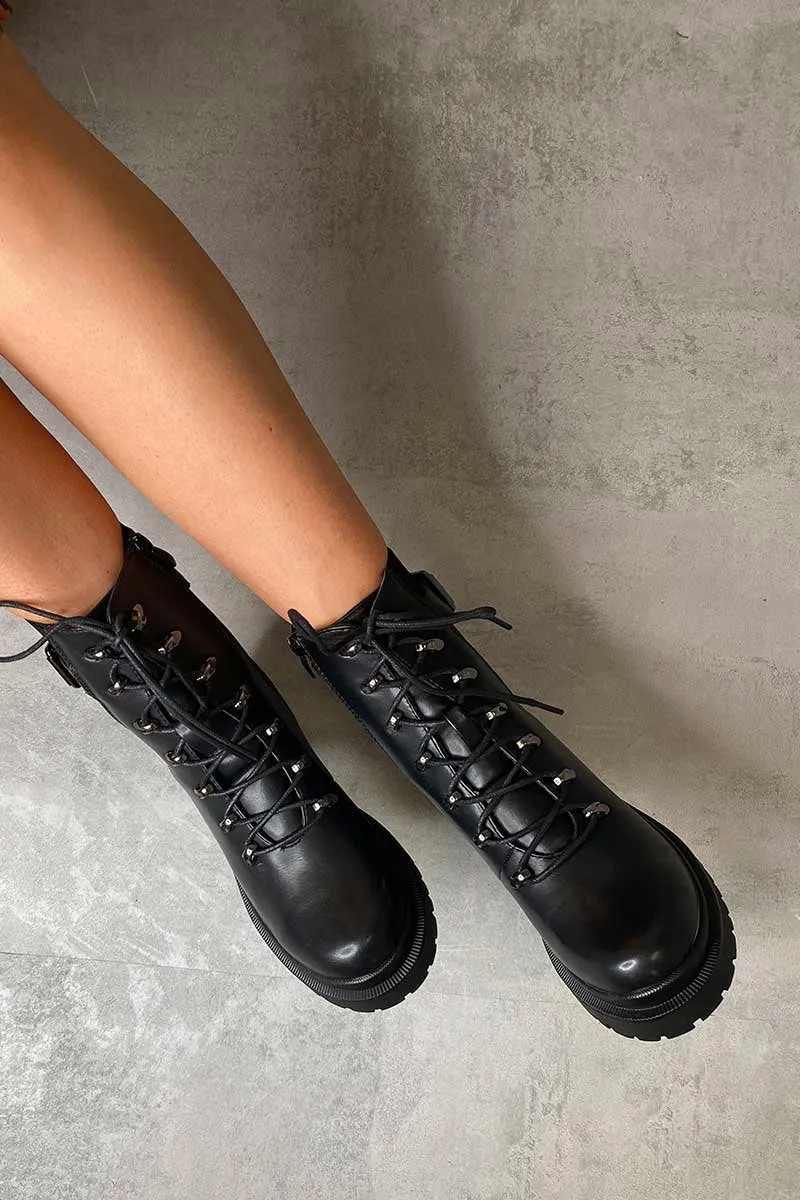 Delsie Black Ribbed Panel Lace Up Biker Boots