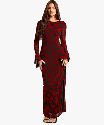 Devore Flare Sleeve Open Back Maxi Dress for Women by boohoo