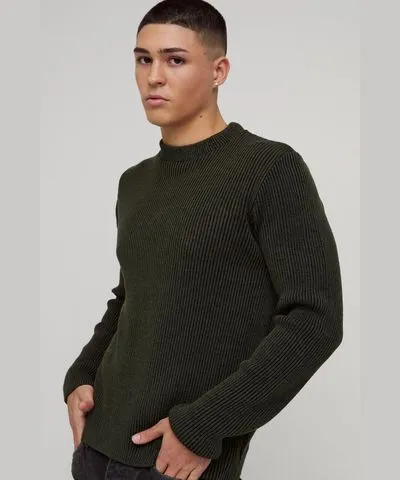 Men's Regular Crew Neck Plated Ribbed Knit Sweater by boohooMAN