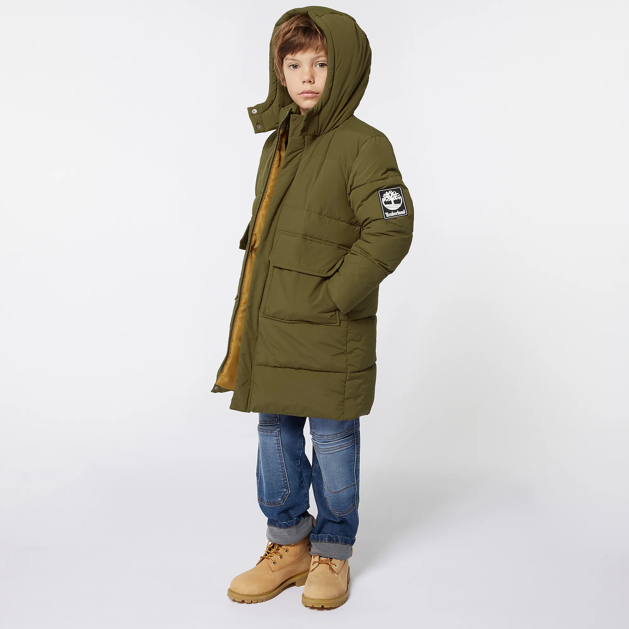 Boys Khaki Green Hooded Puffer Jacket