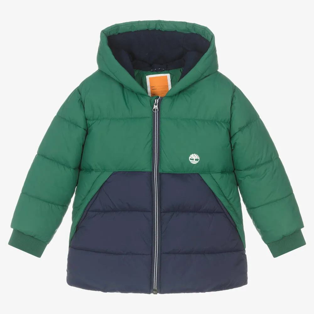 Boys Puffer Coat Green Blue - Shop Now.