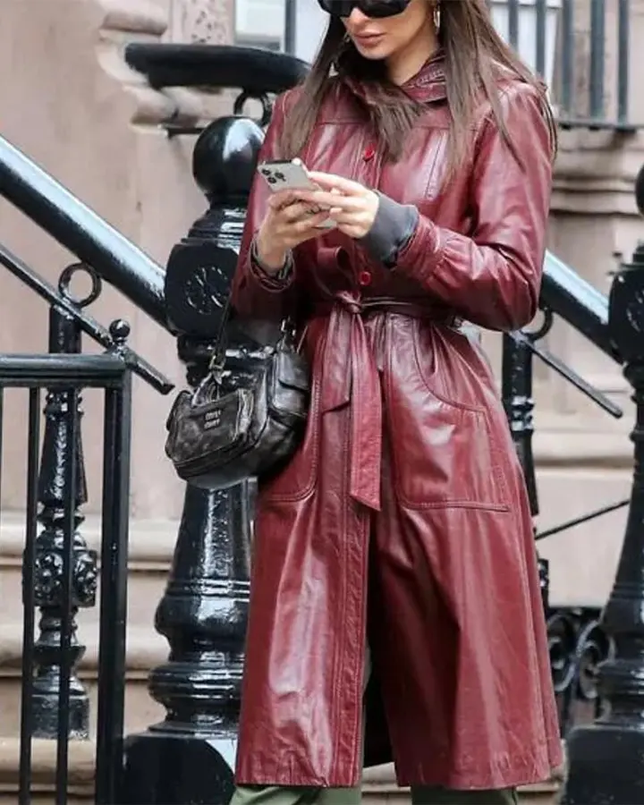 Burgundy Leather Coat by Emily Ratajkowski - William Jacket