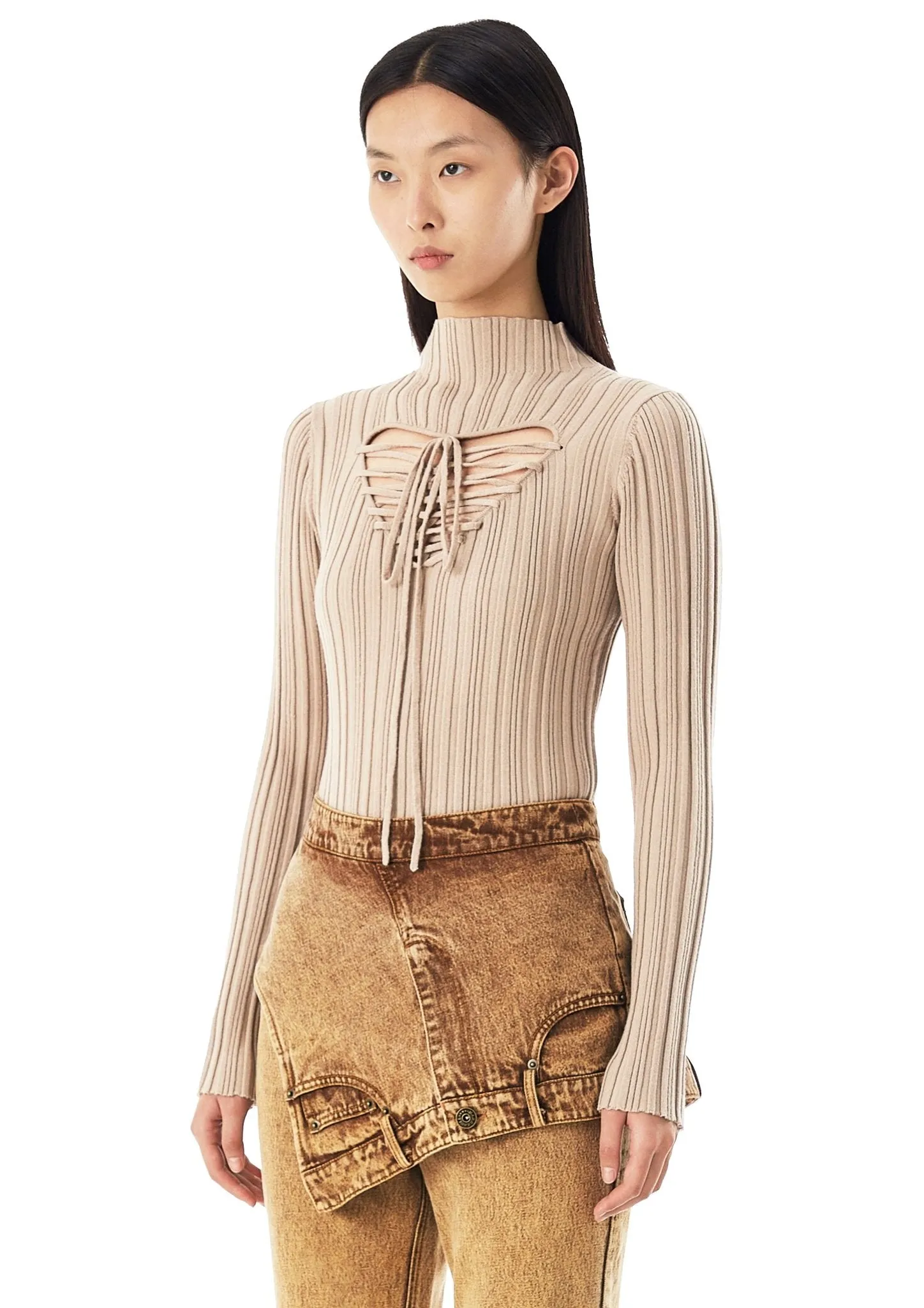 Camel Hollowed Out Heart Sweater-