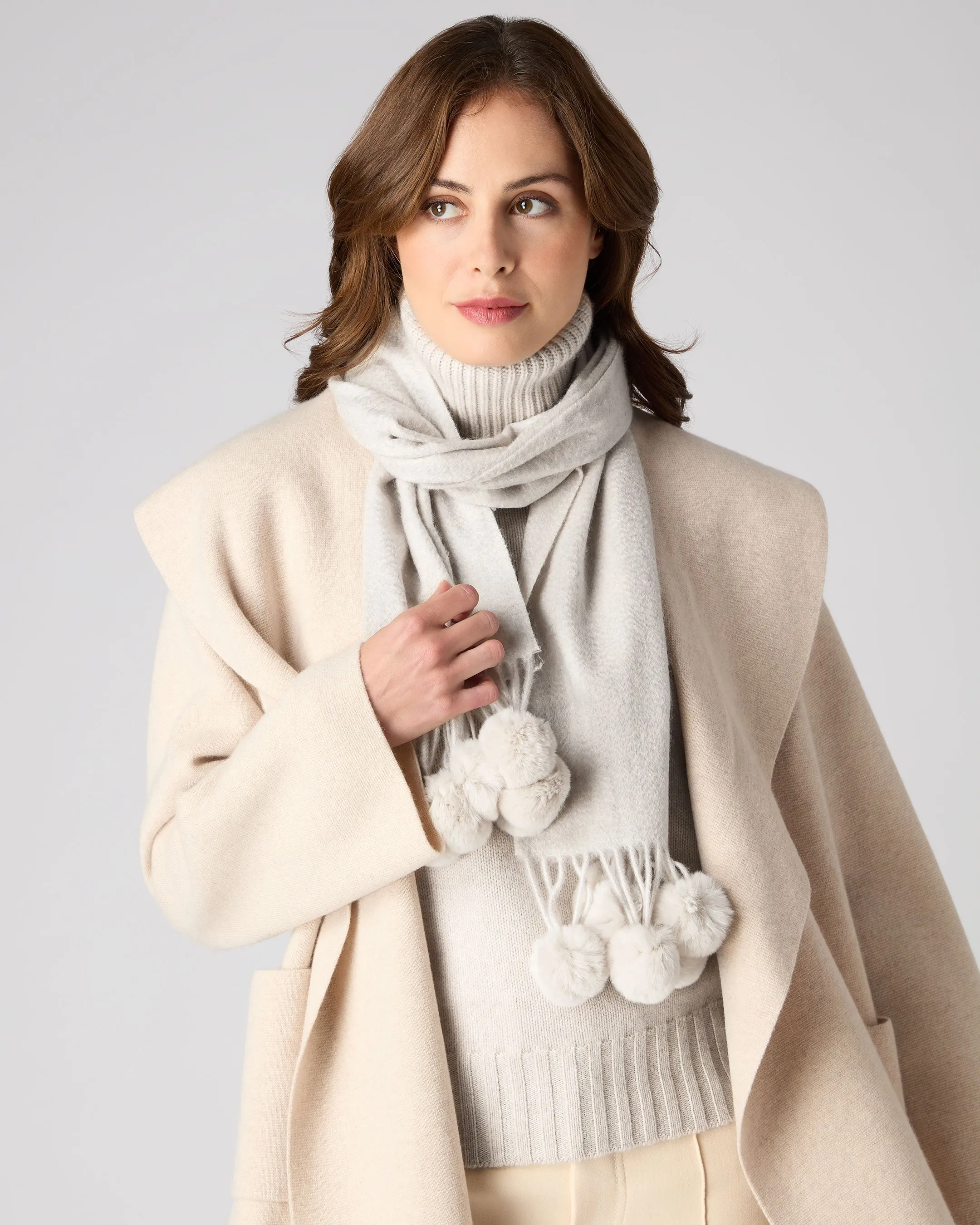 Cashmere Scarf with Fur Bobble for Women in Pebble Grey - Davos