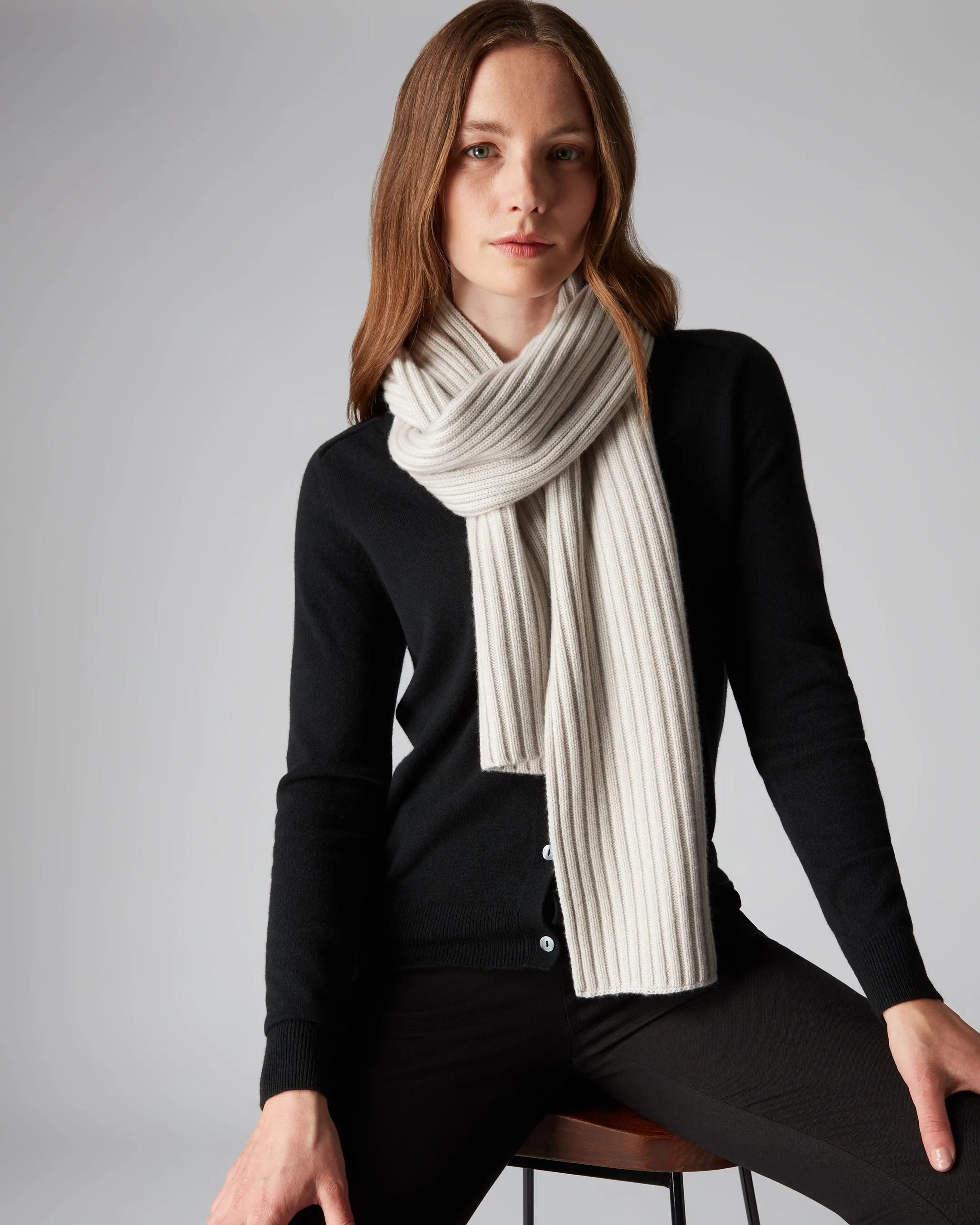 Chunky Rib Cashmere Scarf - Snow Grey