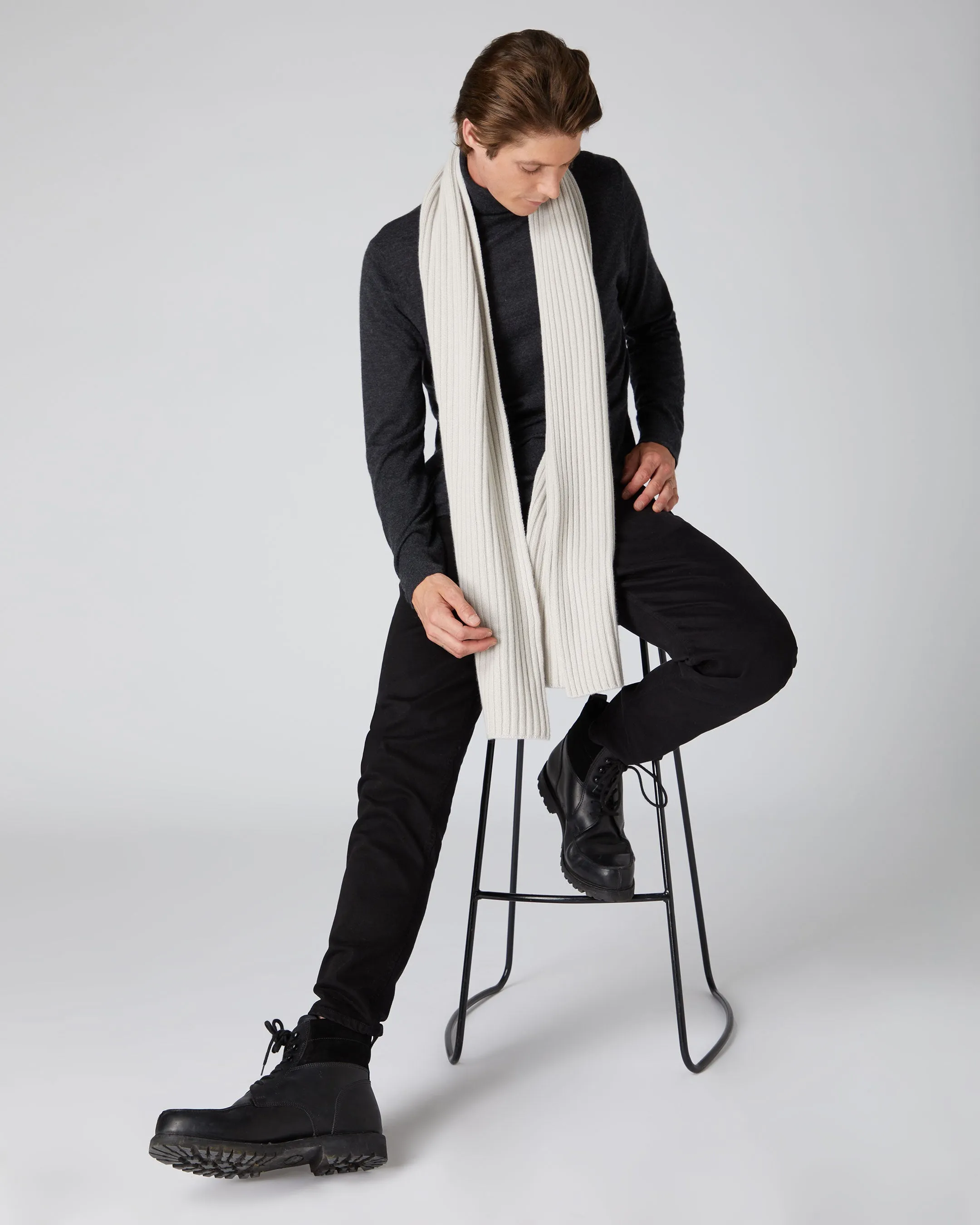 Chunky Rib Cashmere Scarf - Snow Grey