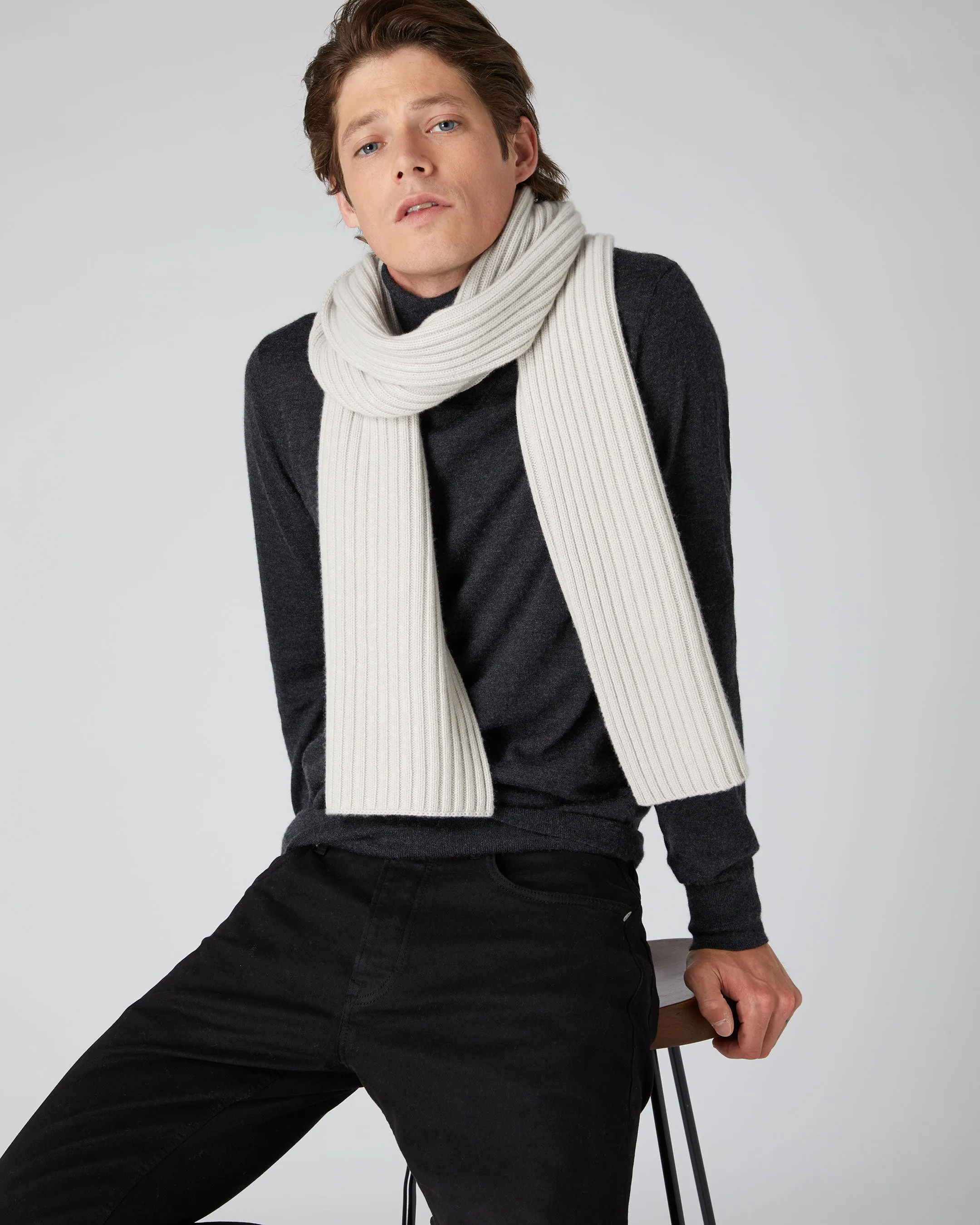 Chunky Rib Cashmere Scarf - Snow Grey