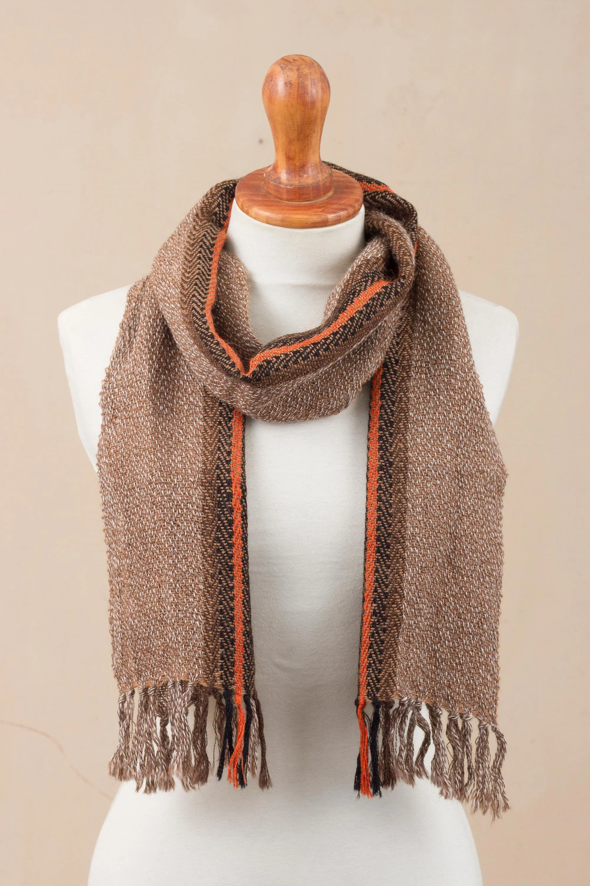 Colorful 100% Alpaca Wrap Scarf from Peru in Ginger Contrast