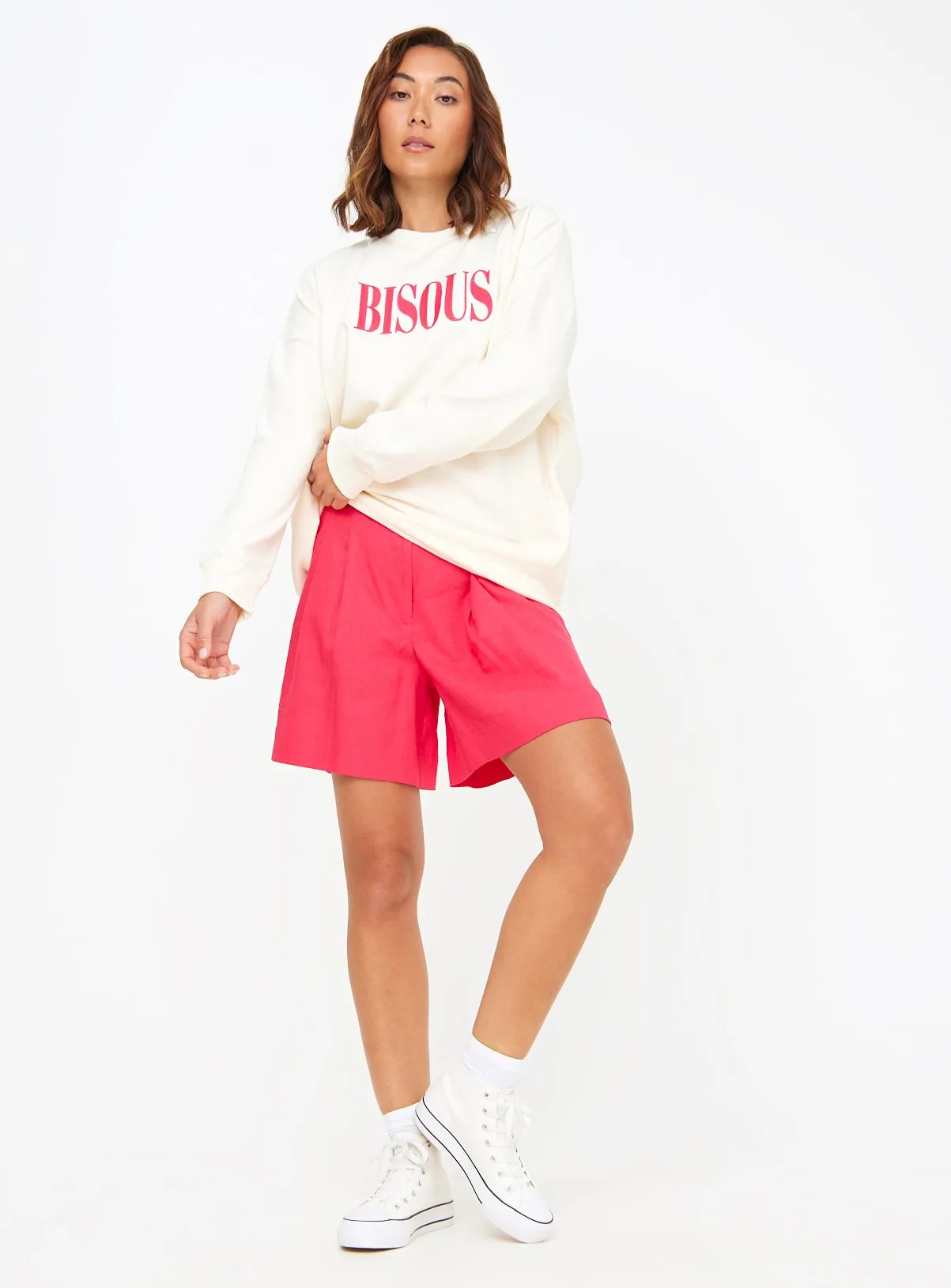 Cream Bisous Graphic Print Oversized Sweatshirt for Women - M Size