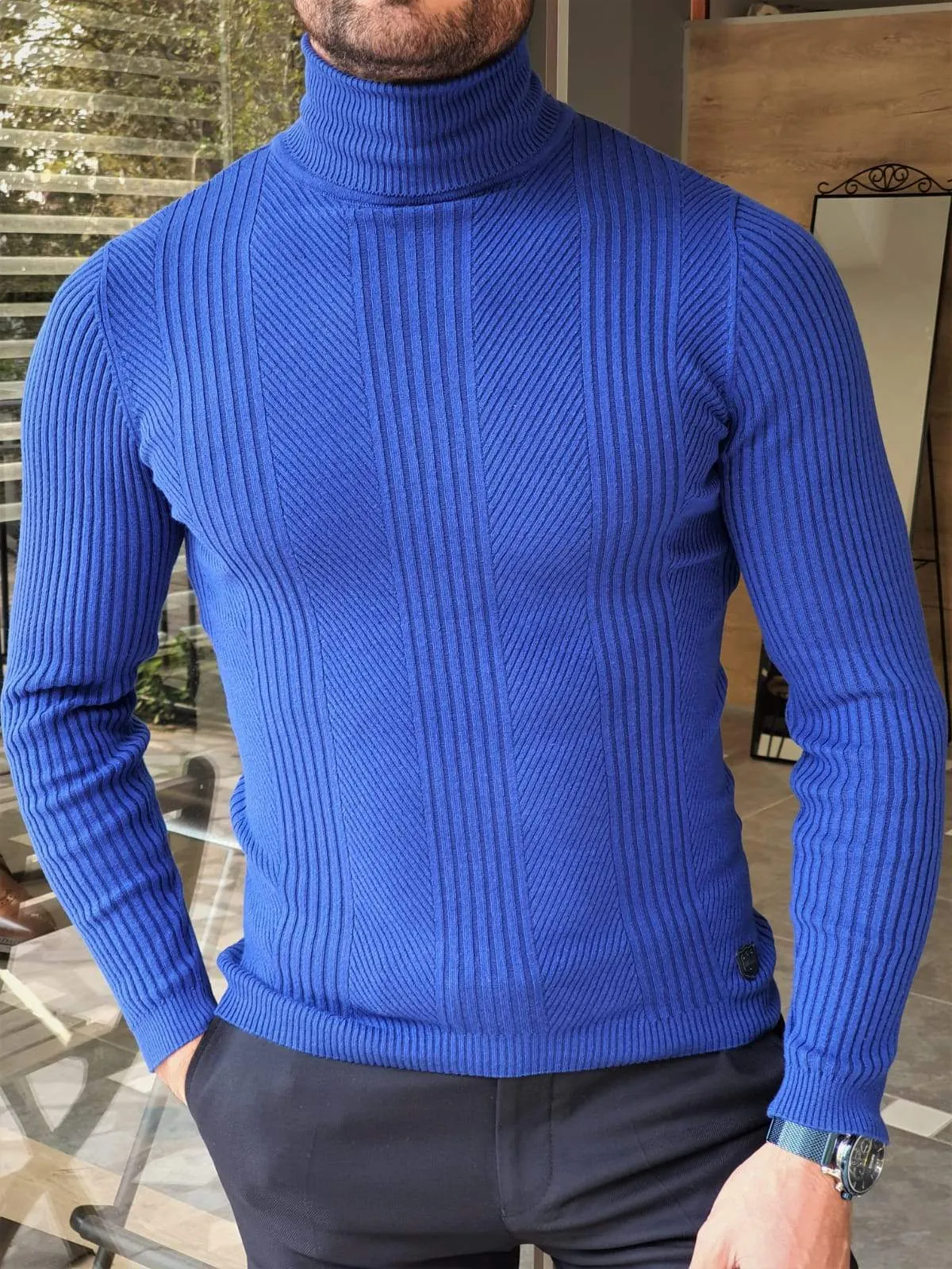 Elko Sax Slim Striped Turtleneck Wool Sweater