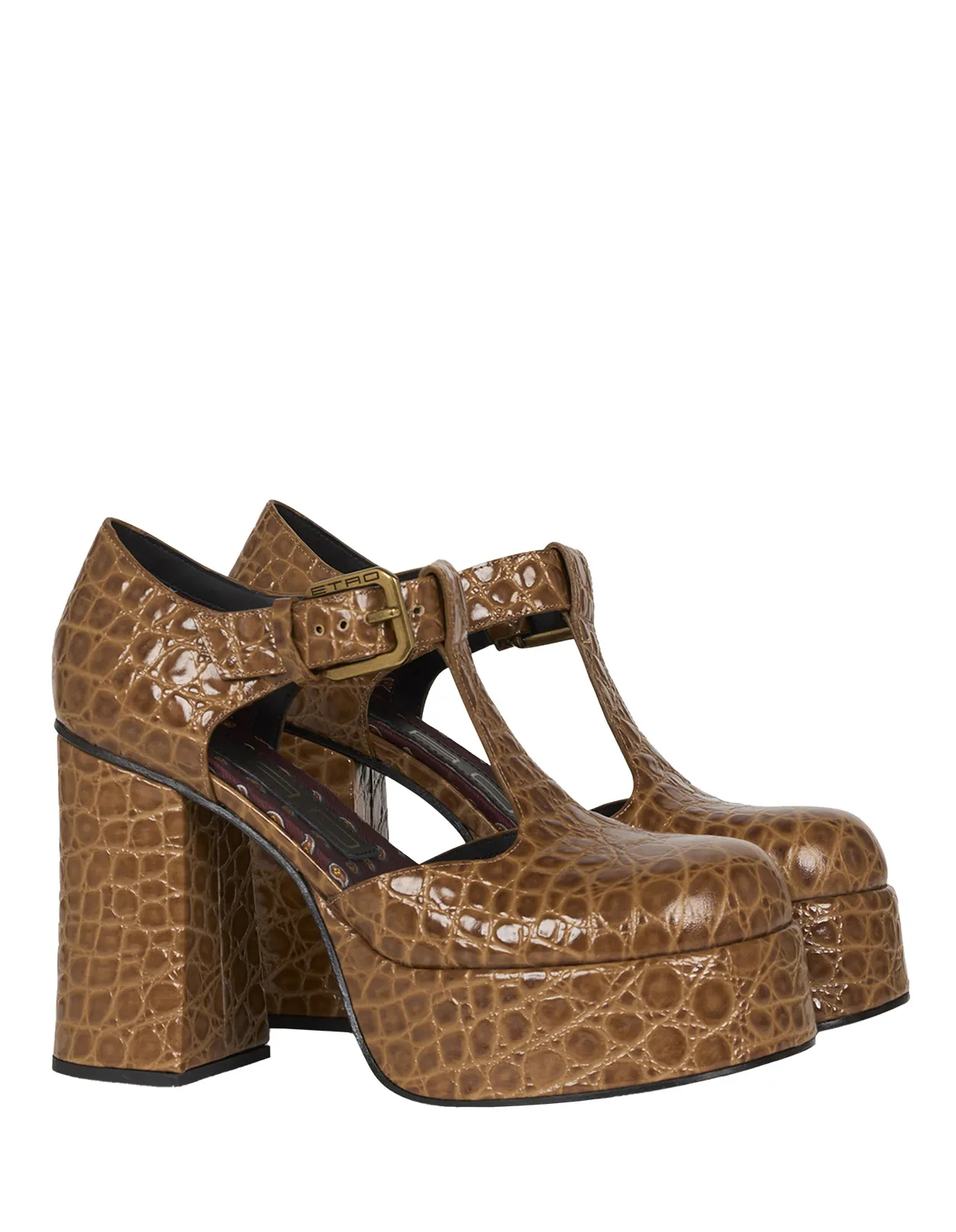 ETRO Light Brown Printed Leather Mary Jane Platform Sandals