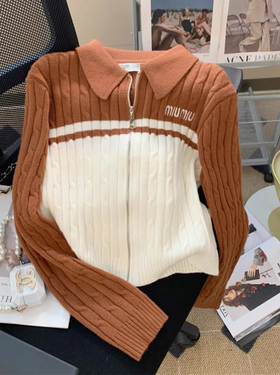 European station 2023 early autumn new letter embroidered zipper contrasting color polo collar long-sleeved wool knitted cardiga