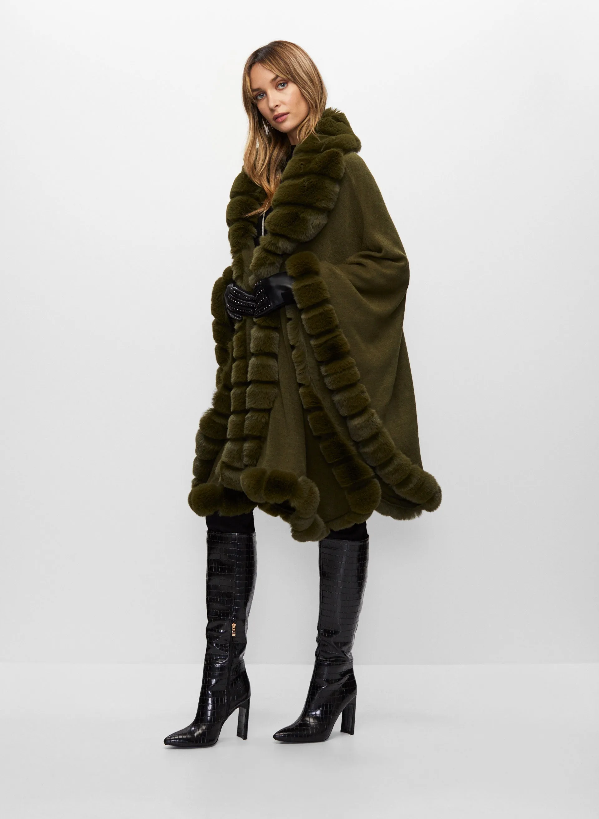 Fur-Look Poncho with Trim