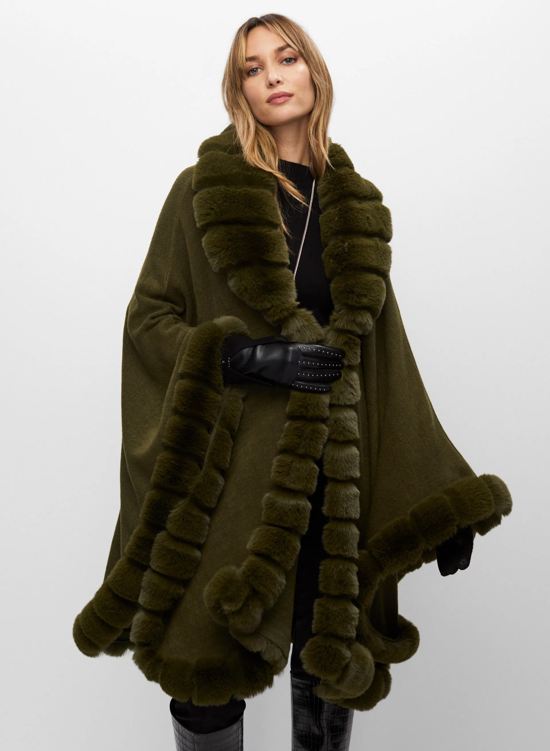 Fur-Look Poncho with Trim