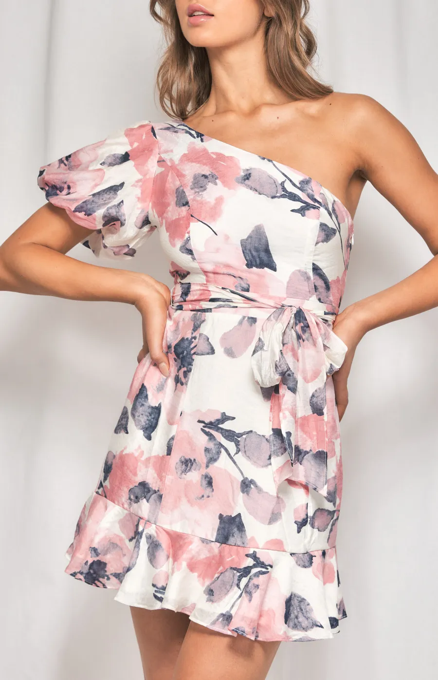 Floral One Shoulder Puff Sleeve Dress (WDR384B)