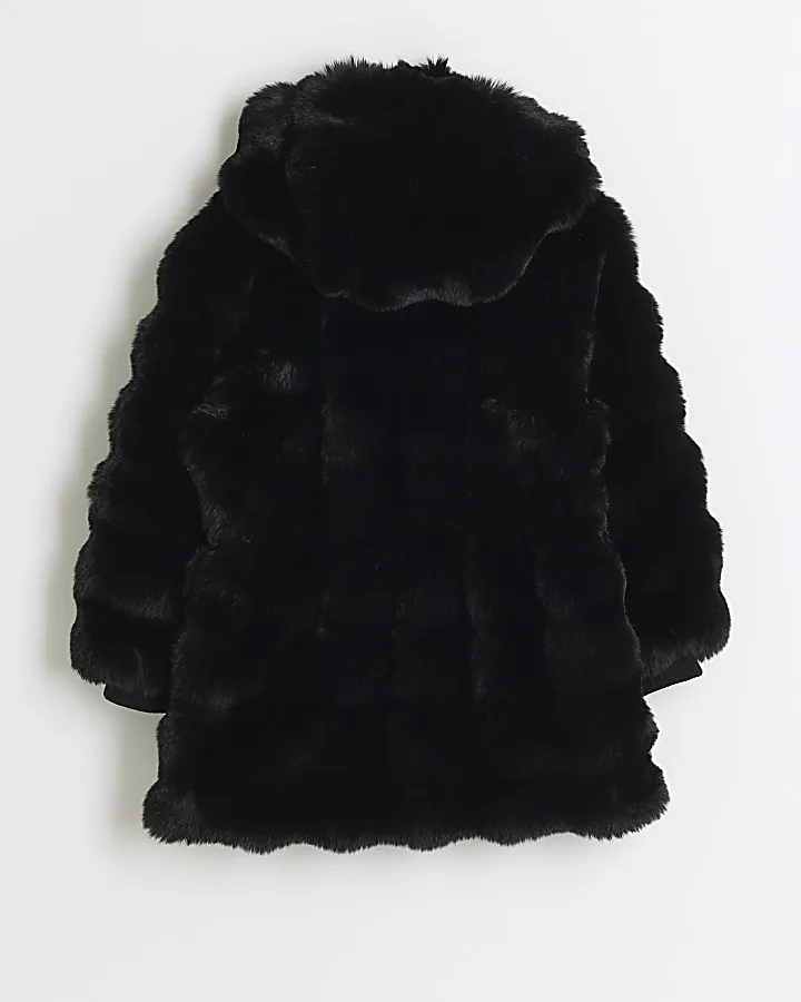 Black Faux Fur Hooded Coat for Girls