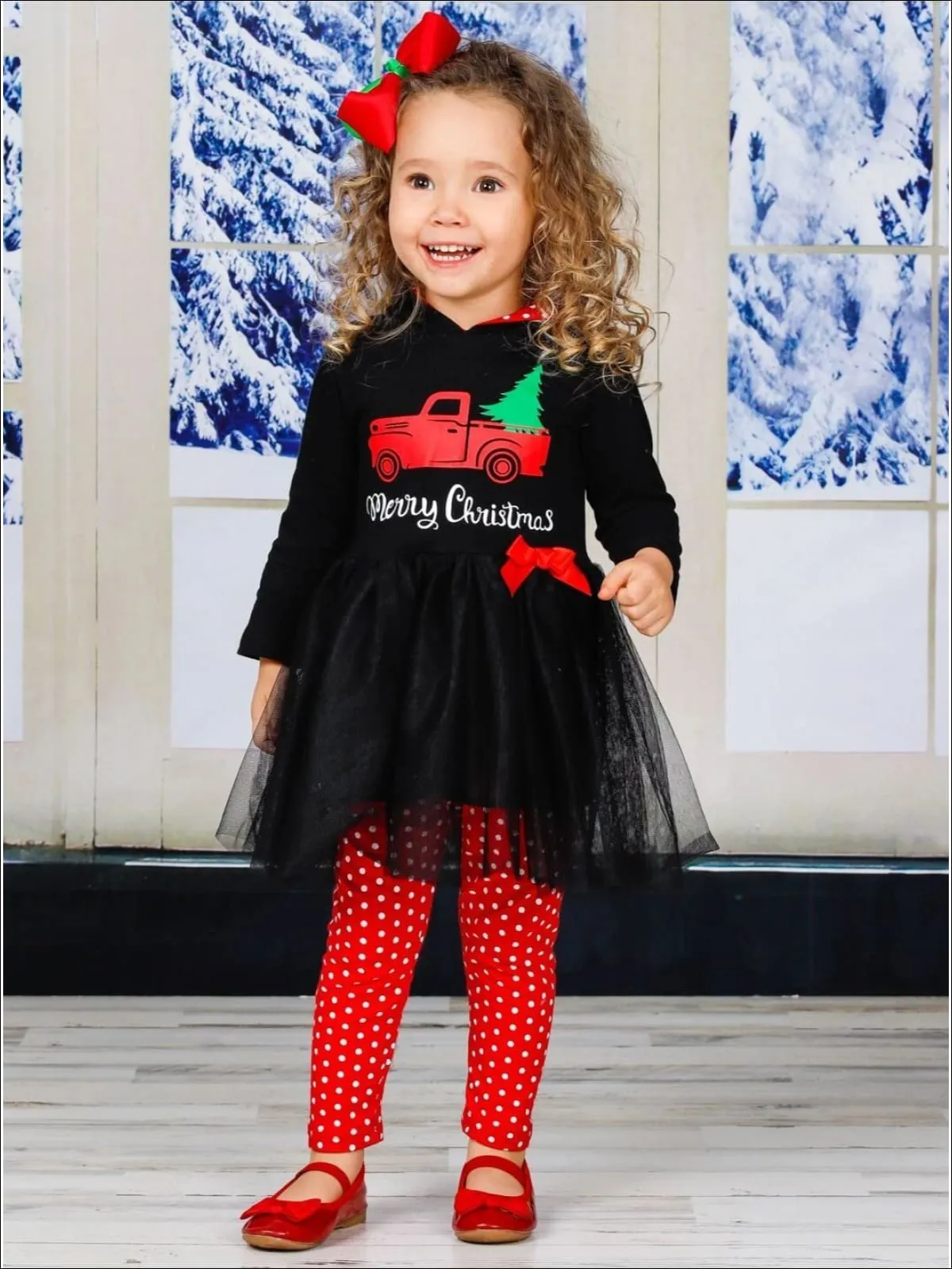 Girls Merry Christmas Truck Peplum Tutu Hoodie and Polka Dot Legging Set