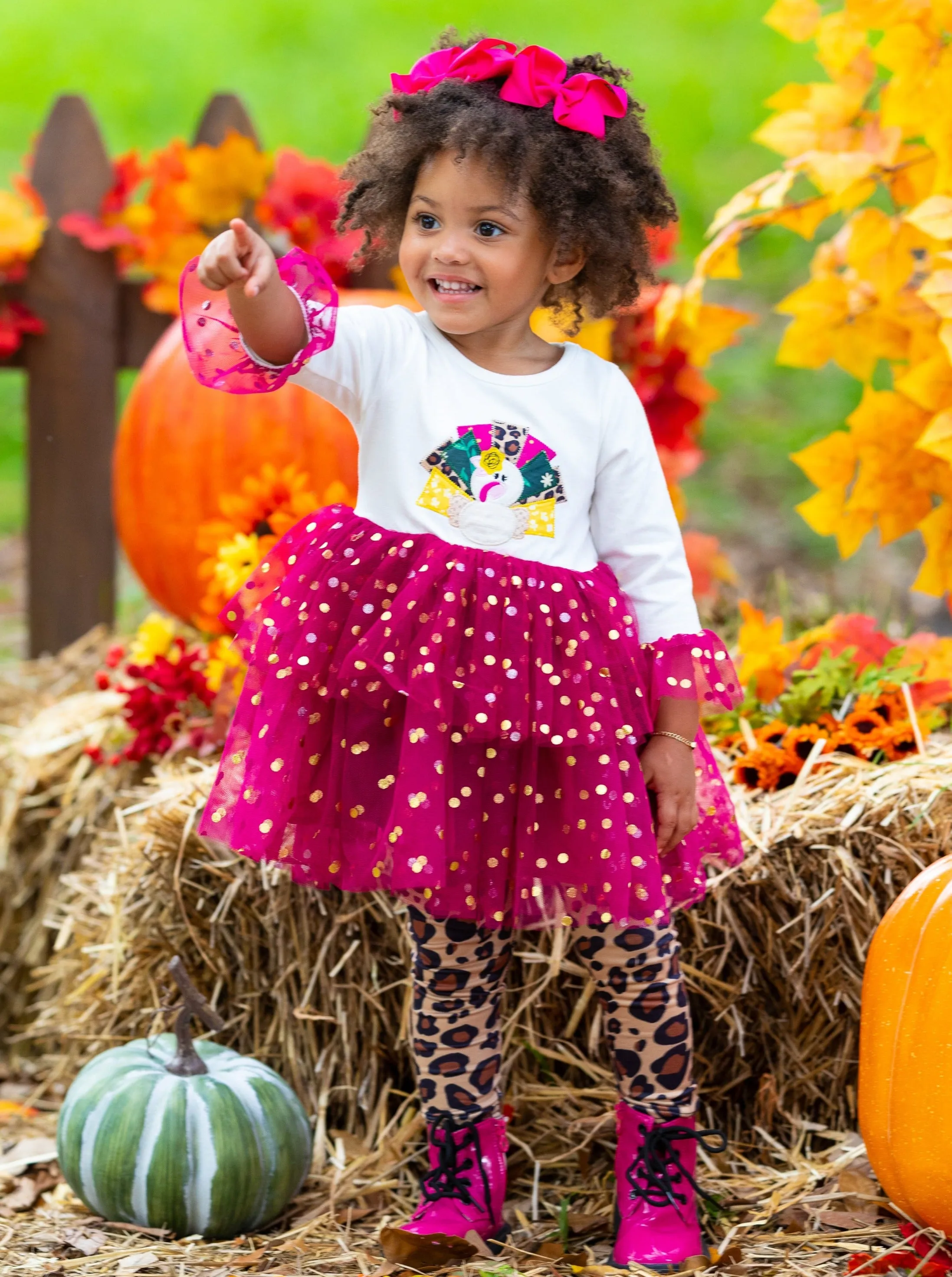 Glitter Turkey Tulle Top and Animal Print Legging Set