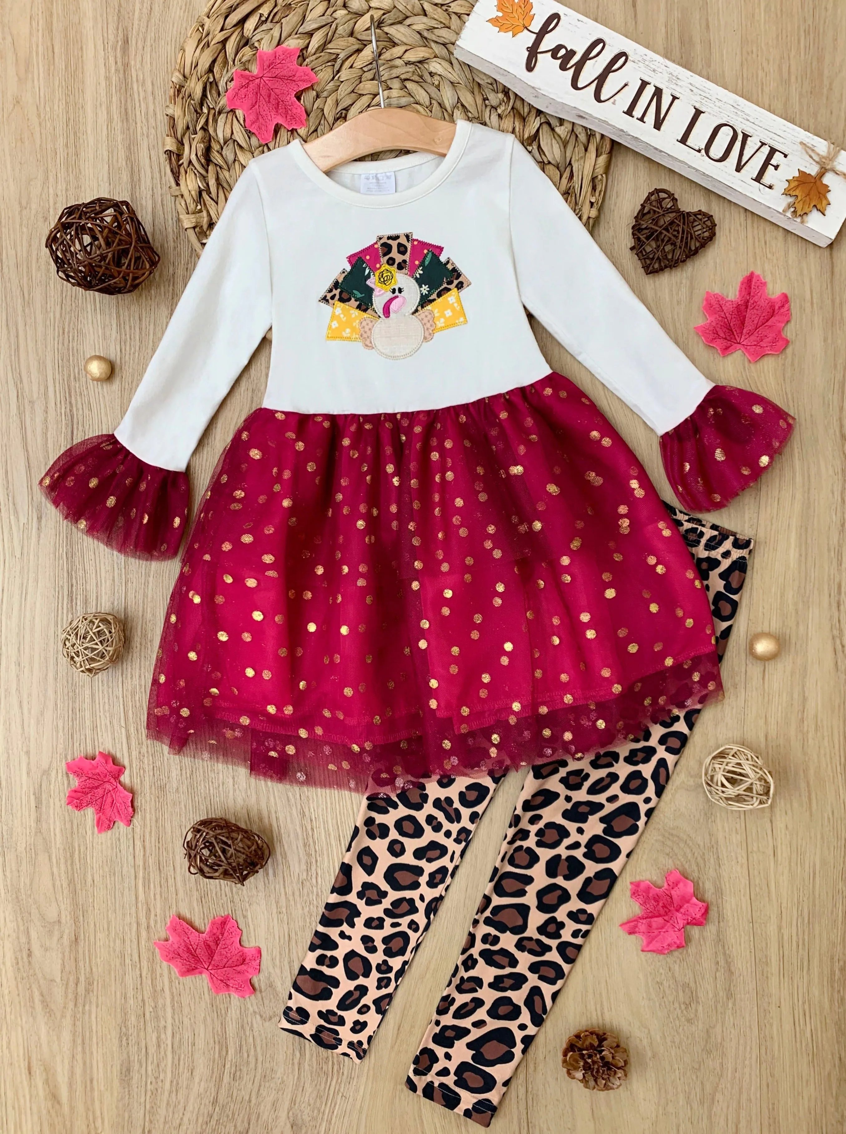 Glitter Turkey Tulle Top and Animal Print Legging Set