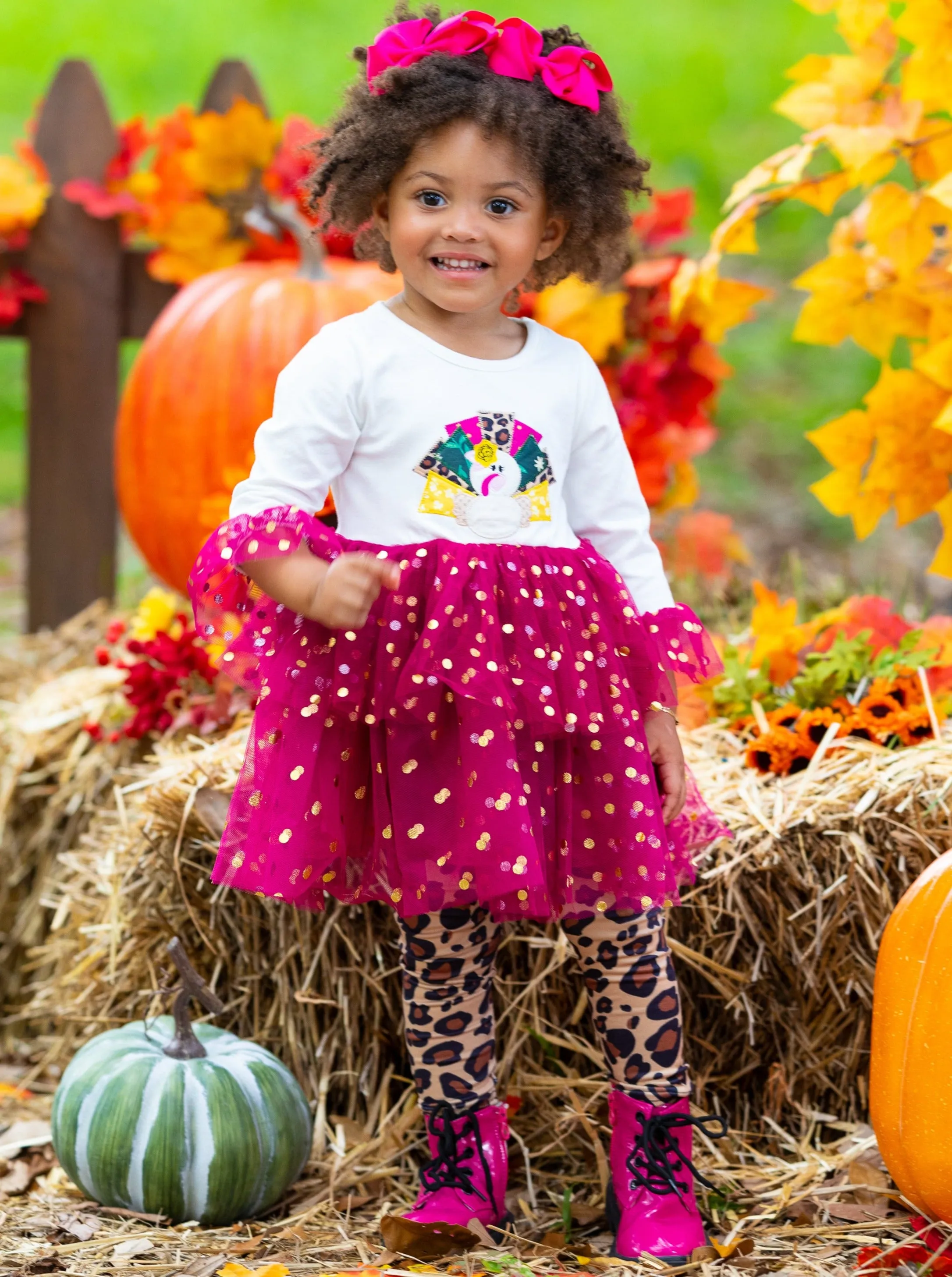 Glitter Turkey Tulle Top and Animal Print Legging Set