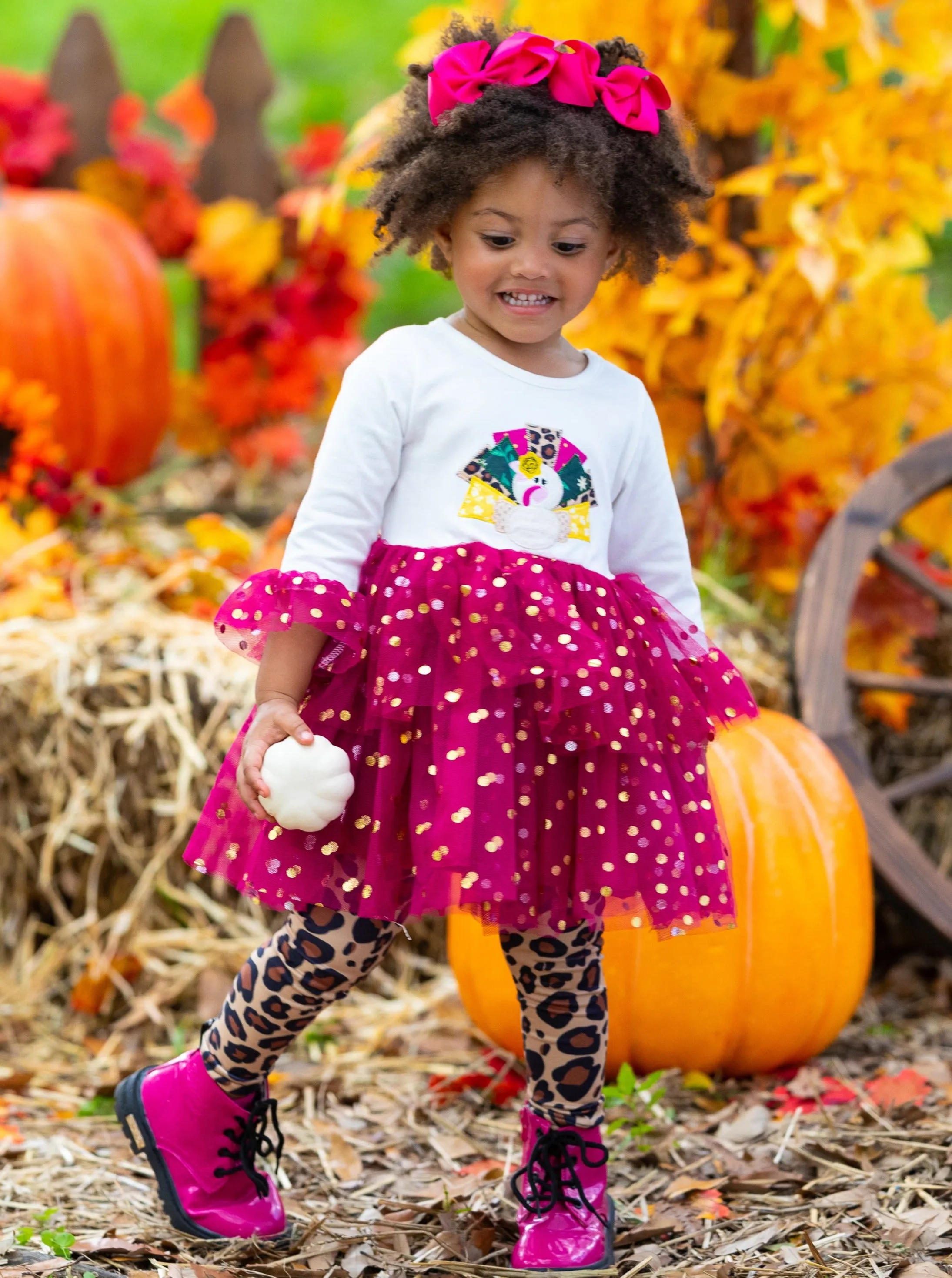 Glitter Turkey Tulle Top and Animal Print Legging Set