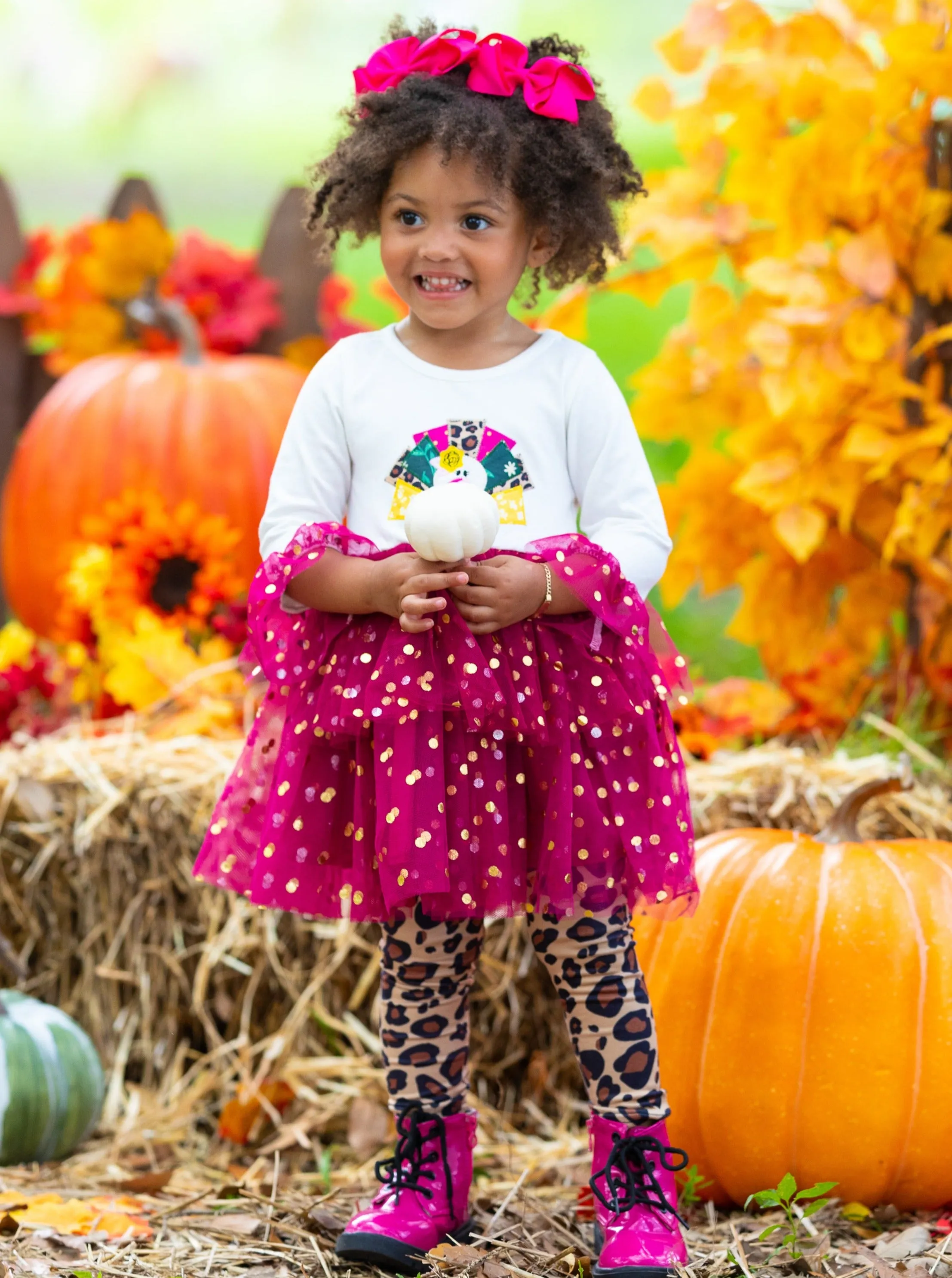 Glitter Turkey Tulle Top and Animal Print Legging Set