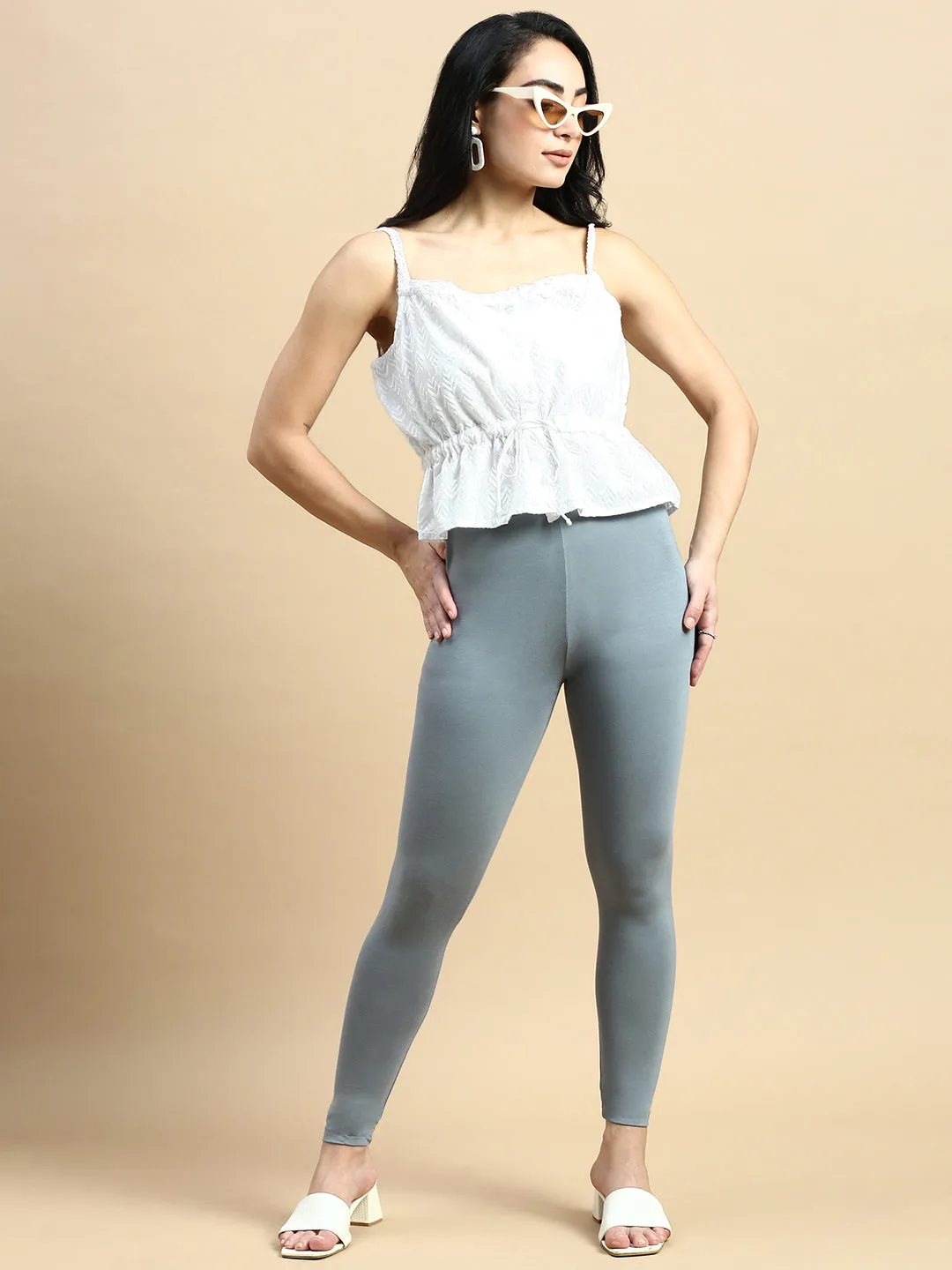 Grey Viscose Ankle-Length Leggings