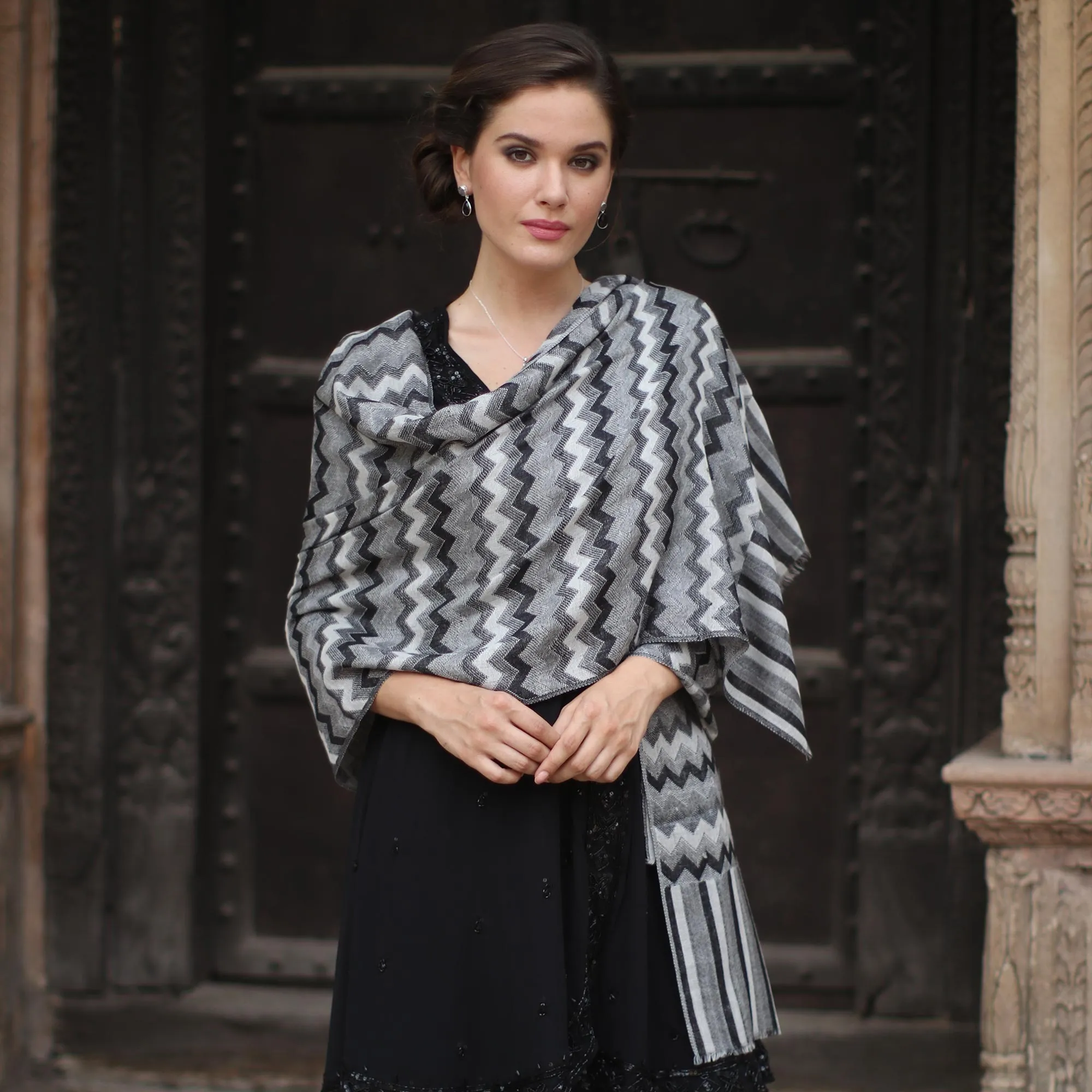 Handmade Grey Wool Shawl Wrap from India - Gray, Black, White