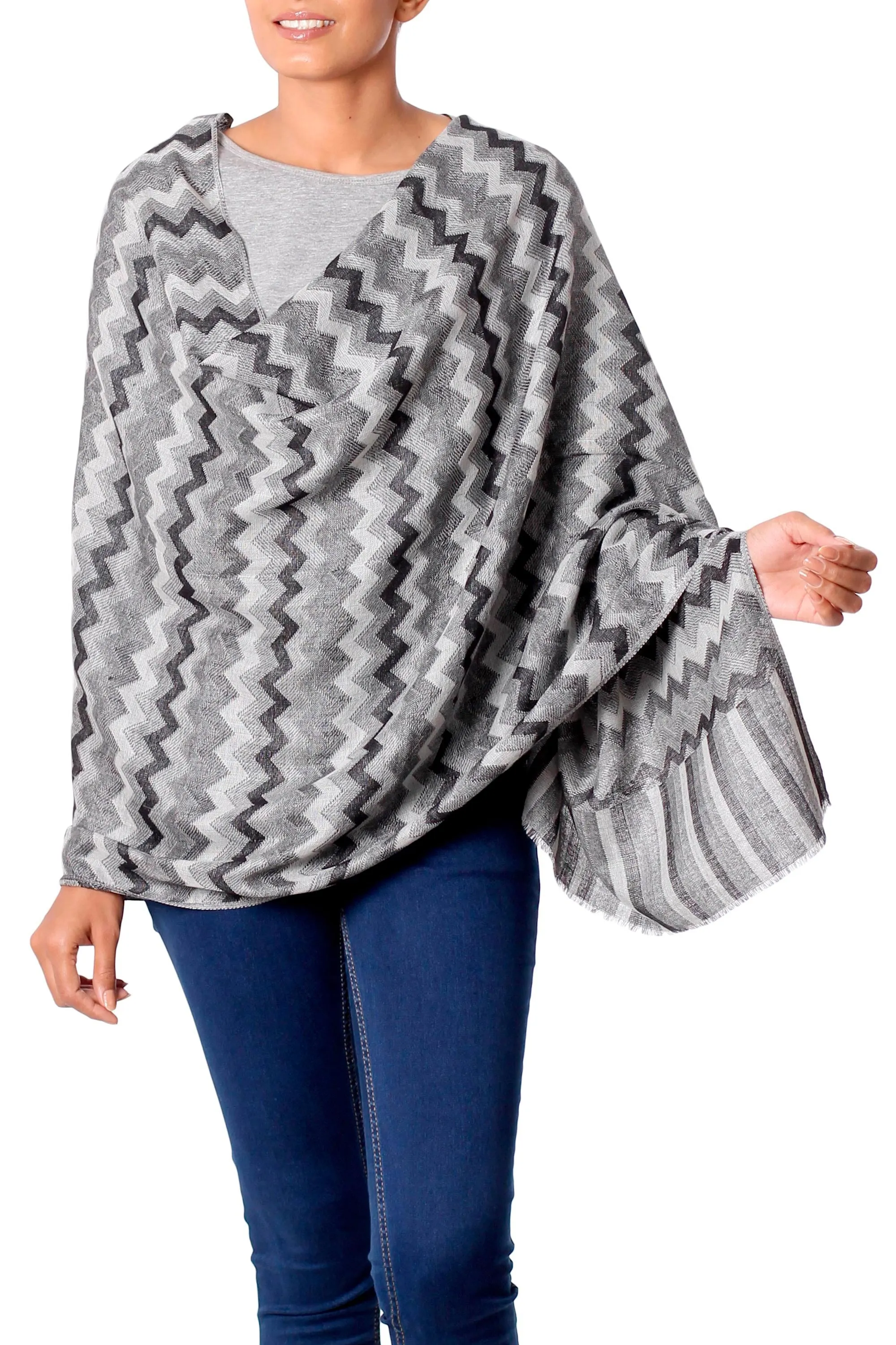 Handmade Grey Wool Shawl Wrap from India - Gray, Black, White