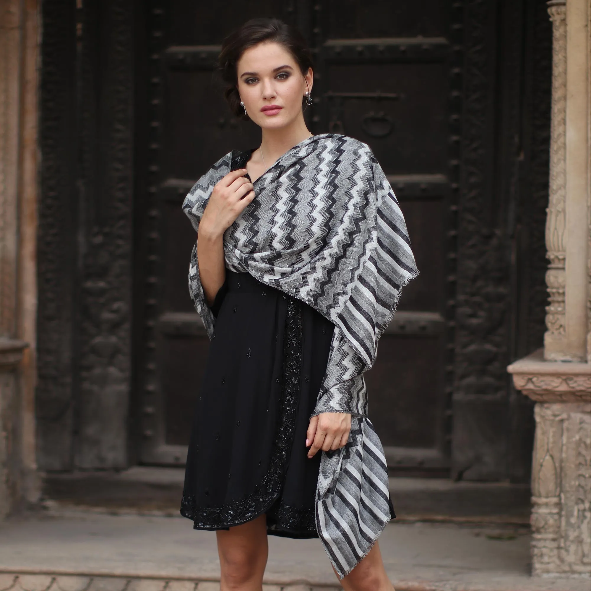 Handmade Grey Wool Shawl Wrap from India - Gray, Black, White