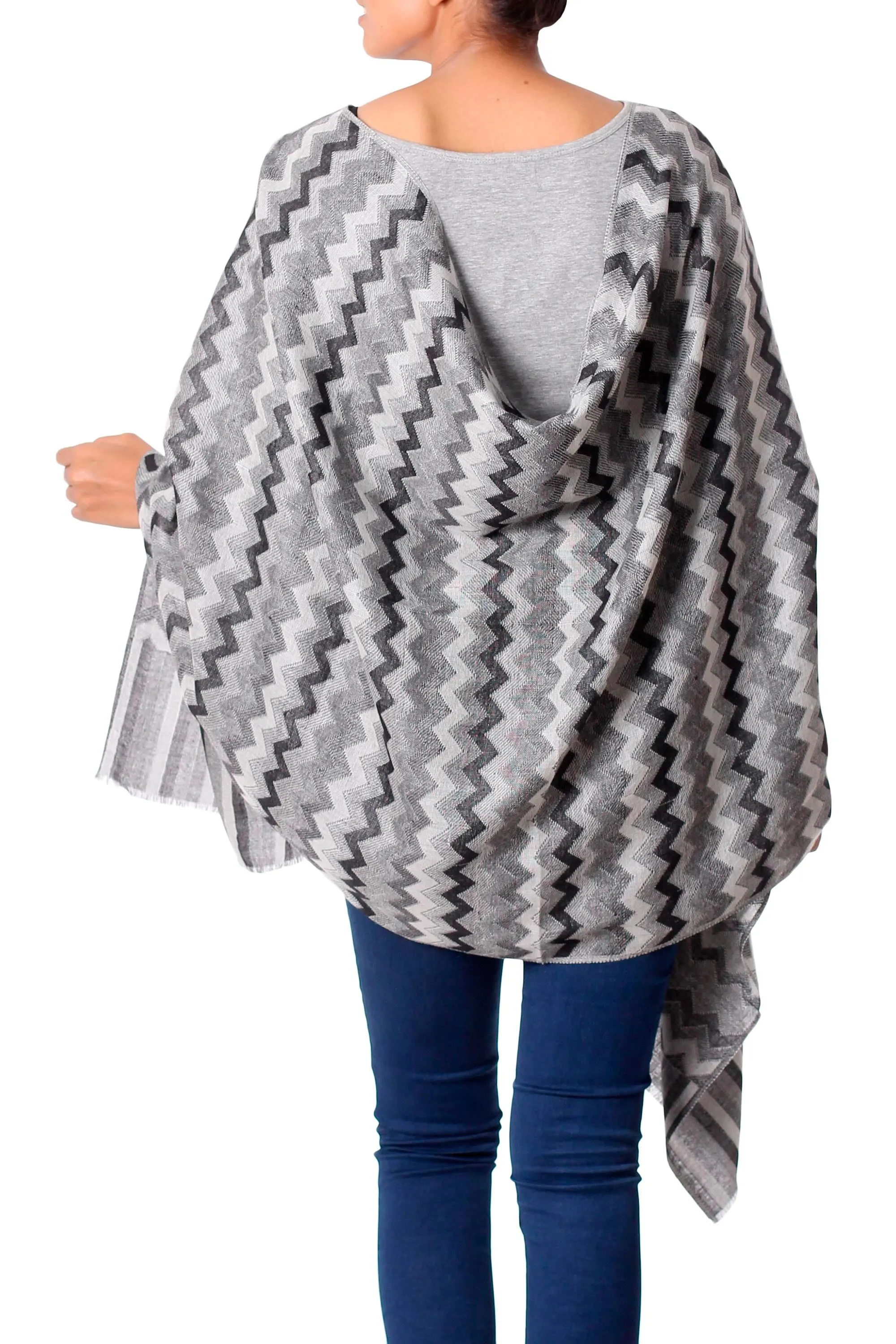 Handmade Grey Wool Shawl Wrap from India - Gray, Black, White