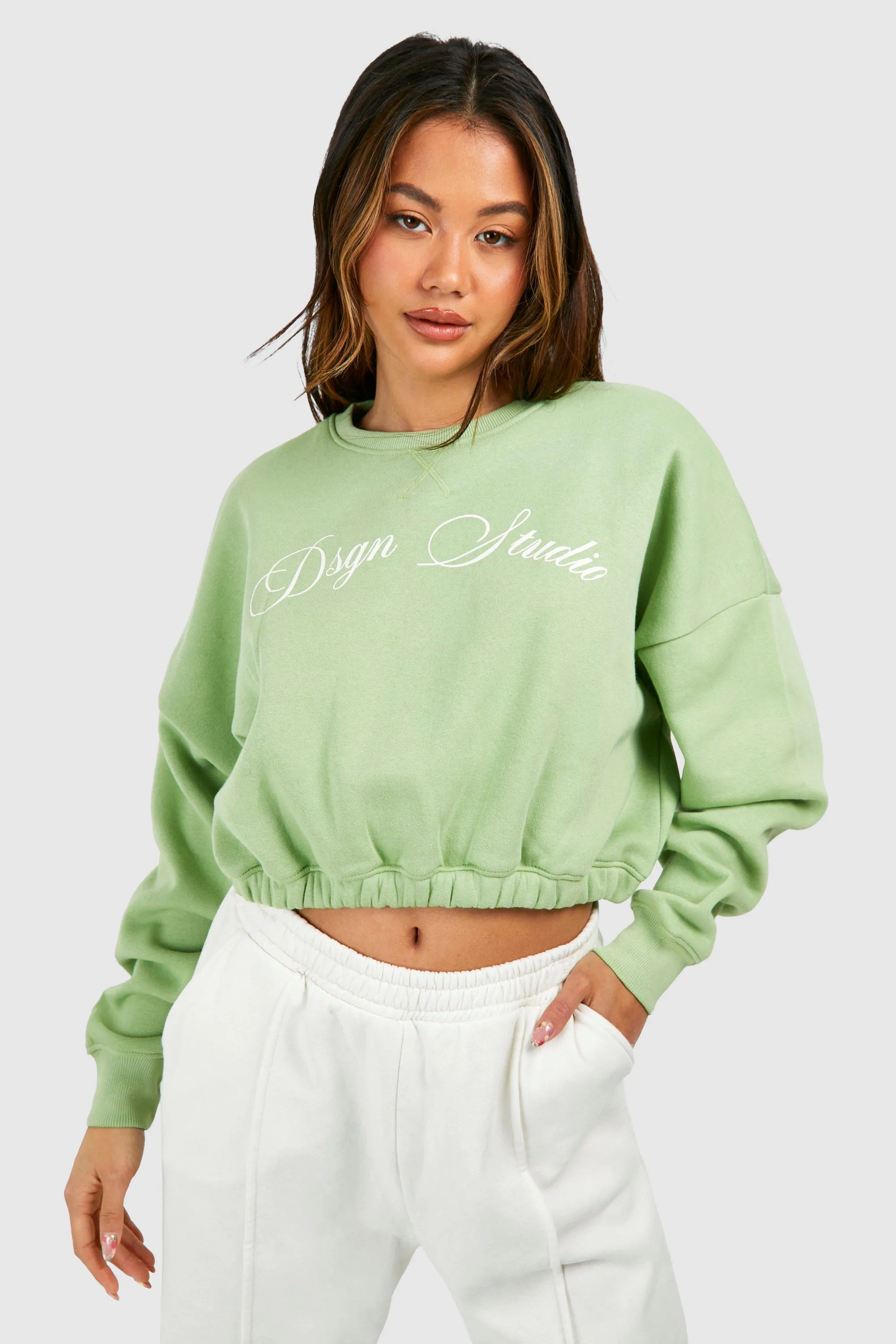 Hoodies and Sweatshirts - Dsgn Studio Printed Elasticated Hem Cropped Boxy Sweatshirt - boohoo