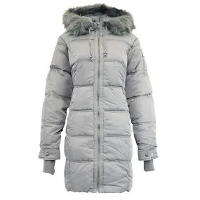 Jessica Simpson Quilted Puffer Jacket with Fur Trim in Ice Grey - Size M.