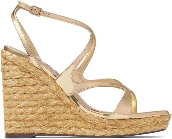 Gold Jimmy Choo 110mm Ayla raffia wedged sandals