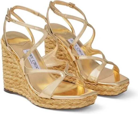 Gold Jimmy Choo 110mm Ayla raffia wedged sandals