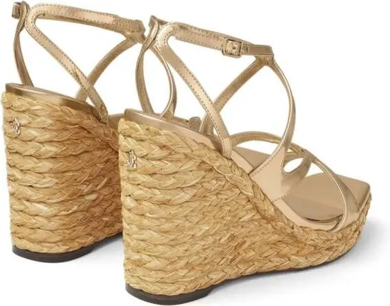 Gold Jimmy Choo 110mm Ayla raffia wedged sandals