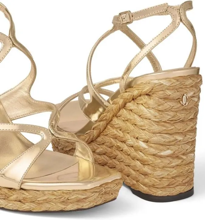 Gold Jimmy Choo 110mm Ayla raffia wedged sandals