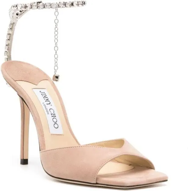 Jimmy Choo Saeda 100mm Crystal-Embellished Suede Sandals Brown