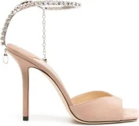 Jimmy Choo Saeda 100mm Crystal-Embellished Suede Sandals Brown