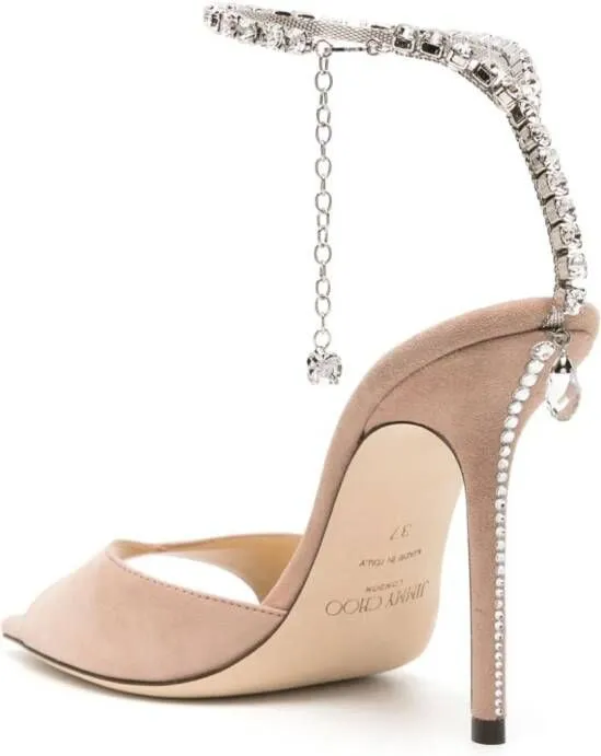 Jimmy Choo Saeda 100mm Crystal-Embellished Suede Sandals Brown