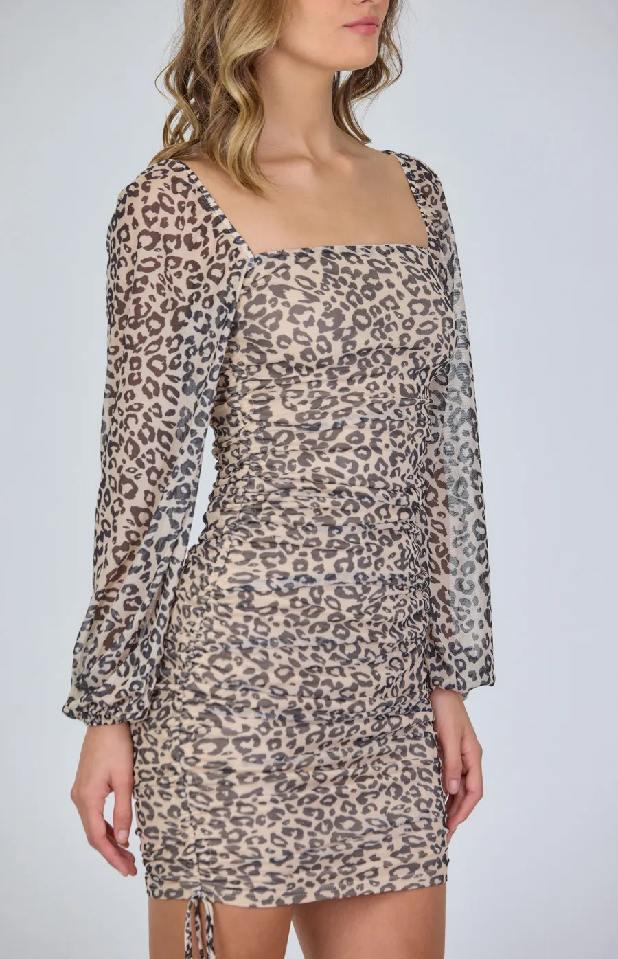 Leopard Print Double Drawstring Mesh Ruche Dress