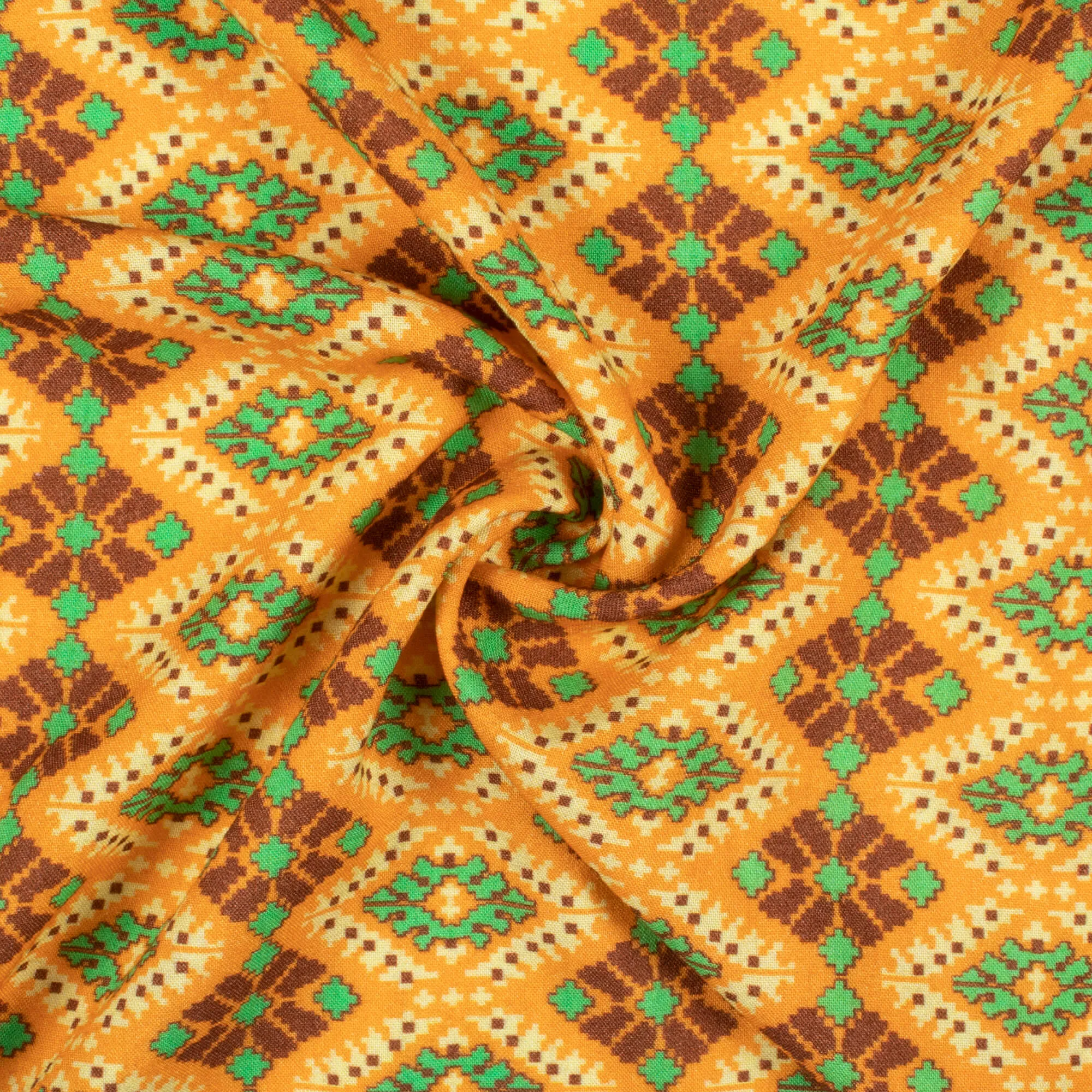 Digital Print Viscose Rayon Fabric with Merigold Orange and Fern Green Patola Pattern (58 Inches Width)